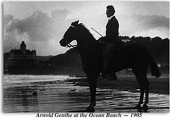 Arnold Genthe on horseback at the Ocean Beach in 1905