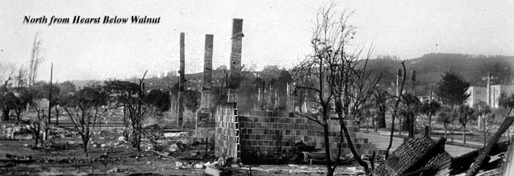 Ruins from the 1923 Berkeley fire looking north from Hearst below Walnut