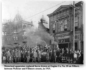 Photo of Fire Station 20 in San Francisco on the day in 1915 when motorized apparatus replaced the horses.