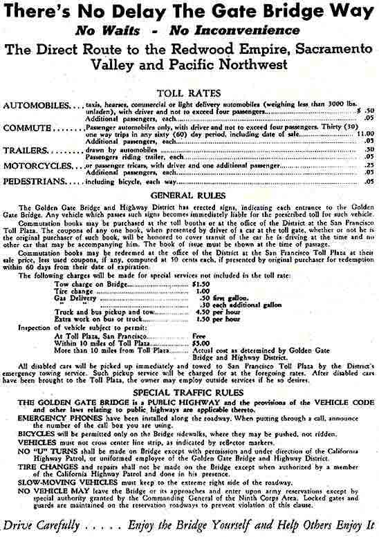 1937 rate for Golden Gate Bridge tolls, and general rules of the bridge district