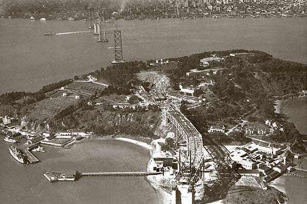 Dirigible U.S.S. Akron photographs the San Francisco-Oakland Bay Bridge - 1935