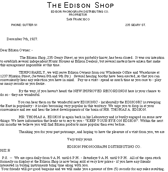 edison dealers' letter about closure of Geary St. store