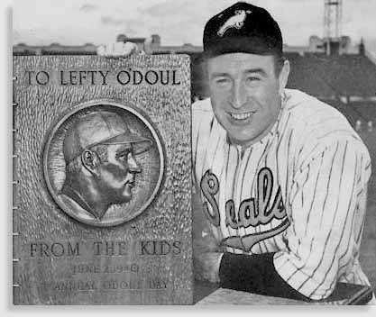 O'Doul with plaque from the kids at June 2, 1940 Kids' Day at Seals' Stadium