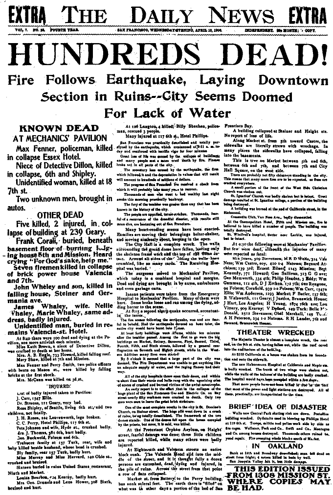 front page of the San Francisco Daily News for April 18, 1906