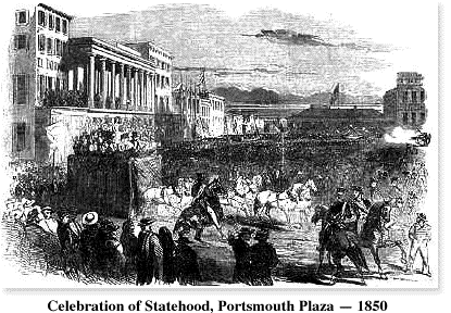 Woodcut of 1850 Statehood celebration at Portsmouth Plaza