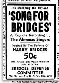 Photo of newspaper ad offering for sale Songs for Bridges, inspired by the 1941 Bridges Defense Committe. A Keynote Recording by the Almanac Singers.