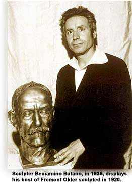 Sculptor Benny Bufano with is bust of Fremont Older