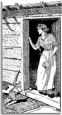 1900 Chronicle drawing of Pioneer Mother at door of Log Cabin